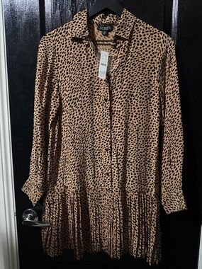 J. Crew Leopard-Print Long Sleeve Pleated Hem Dress in Tan and Black
